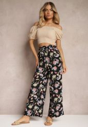 Czarno-Różowe Bawełniane Spodnie Boho w Stylu Palazzo z Gumką w Pasie i Wysokim Stanem Pravia. Czarne jeansy Renee, na lato, l, bez wzorów, z bawełny, boho, z podwyższonym stanem. W wyprzedaży za 29.99 zł.