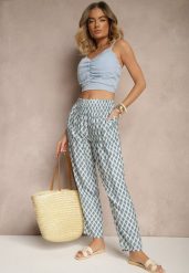 Niebieskie Spodnie o Szerokim Kroju High Waist w Romby Sarriza. Niebieskie jeansy Renee, z aplikacjami, z jeansu, z podwyższonym stanem. W wyprzedaży za 29.99 zł.