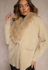 Beżowy Płaszcz z Wiskozą i Wełną Ozdobiony Odpinanym Kołnierzem z Futerkiem Emithra. Brązowe płaszcze Renee, l, bez wzorów, z jeansu, eleganckie, bez kaptura. W wyprzedaży za 191.99 zł.