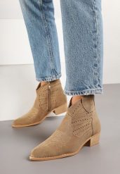 Ciemnobeżowe Botki na Stożku w Stylu Kowbojek z Ażurową Cholewką Fonarela. Brązowe botki Renee, z aplikacjami, z jeansu, eleganckie, bez obcasa, na obcasie, bez zapięcia. W wyprzedaży za 112.49 zł.