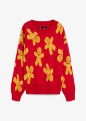 Cienki sweter z okrągłym dekoltem, oversize. Czerwone swetry bonprix, bez wzorów, wizytowe, bez ramiączek. Za 99.99 zł.