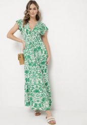 Zielona Rozkloszowana Sukienka Maxi z Luźnym Rękawem w Kwiatowy Print Oxeria. Zielone sukienki Born2be, m, bez wzorów, bez kołnierzyka, bez ramiączek, maxi, rozkloszowane. Za 109.99 zł.