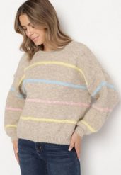 Beżowy Nietoperzowy Sweter z Domieszką Wełny w Kolorowe Paski Rallieva. Brązowe swetry Born2be, l, bez wzorów, z jeansu, klasyczne, bez ramiączek. Za 149.99 zł.