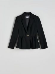 Taliowana marynarka z baskinką - czarny. Czarne marynarki i żakiety Reserved, l, bez wzorów, z tkaniny, bez ramiączek. W wyprzedaży za 199.99 zł.