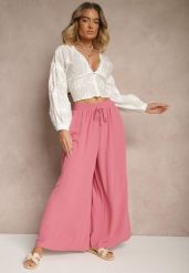 Różowe Spodnie Palazzo o Szerokim Kroju Ozdobione Sznurkiem Ularira. Czerwone jeansy Renee, l, bez wzorów, z jeansu, eleganckie. W wyprzedaży za 39.99 zł.