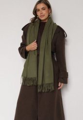 Ciemnozielony Szalik z Bawełną i Wiskozą Ozdobiony Frędzlami Siadortia. Zielone szaliki i kominy Born2be, bez wzorów, z bawełny, biznesowe. Za 49.99 zł.