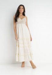 Jasnobeżowa Sukienka Dorassa. Brązowe sukienki Born2be, m, bez wzorów, z bawełny, boho, bez kołnierzyka, bez ramiączek, maxi, rozkloszowane. Za 289.99 zł.