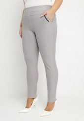 Szare Spodnie z Gumką w Pasie z Cyrkoniami Slim Ellivna. Szare jeansy Born2be, plus size, bez wzorów, z jeansu, eleganckie. Za 59.99 zł.