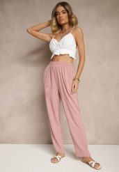 Różowe Spodnie z Bawełną o Szerokim Kroju High Waist Fanelithia. Czerwone jeansy Renee, bez wzorów, z bawełny, z podwyższonym stanem. W wyprzedaży za 29.99 zł.