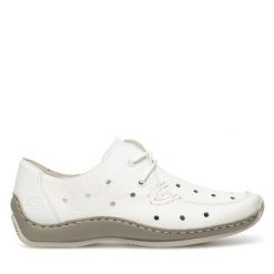 Półbuty Rieker. Białe półbuty wsuwane Rieker, bez wzorów, bez obcasa, na płaskiej podeszwie. Za 299.99 zł.