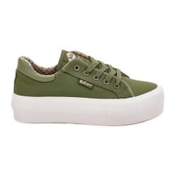 Trampki Damskie Na Platformie Lee Cooper LCW-25-31-3449L Zielone. Zielone trampki bez wzorów, z materiału, klasyczne, bez zapięcia. Za 187.53 zł.