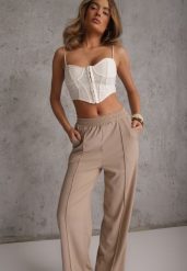 Beżowe Prążkowane Spodnie High Waist z Szerokimi Nogawkami Ginorria. Brązowe jeansy Renee, m, bez wzorów, z jeansu, z podwyższonym stanem, krótkie. Za 59.99 zł.