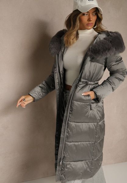 Szara Puchowa Kurtka Pikowana o Długim Kroju z Kapturem z Futerkiem Bavea. Szare kurtki Renee, l, bez wzorów, z dzianiny, z kapturem. Za 339.99 zł.