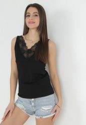 Czarny Top Bawełniany z Koronką Tylaia. Czarne topy Born2be, l, z aplikacjami, z bawełny, bez kołnierzyka, bez ramiączek. W wyprzedaży za 25.49 zł.