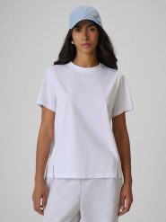 4F T-shirt regular gładki damski - biały L. Białe t-shirty 4f, l, bez wzorów, z materiału, bez kołnierzyka, bez ramiączek. Za 79.99 zł.