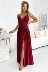 Satynowa Sukienka z Dekoltem i Rozcięciem - Bordeowa. Brązowe sukienki NUMOCO, l, bez wzorów, z elastanu, wizytowe, bez kołnierzyka, bez ramiączek. Za 359.90 zł.