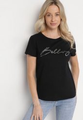 Czarny Bawełniany T-shirt z Ozdobnym Napisem Virretis. Czarne t-shirty Born2be, m, bez wzorów, z bawełny, klasyczne, bez kołnierzyka, bez ramiączek. Za 59.99 zł.