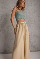 Beżowe Wiskozowe Spodnie Typu Palazzo High Waist Ozdobione Paskiem Sznurkiem Alemea. Brązowe jeansy Renee, l, bez wzorów, z jeansu, boho, z podwyższonym stanem, krótkie. Za 79.99 zł.