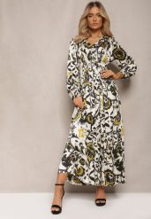 Beżowo-Zielona Długa Sukienka z Satyny z Gumką w Pasie i Ornamentalnym Printem Anoitia. Zielone sukienki Renee, na co dzień, l, bez wzorów, z jeansu, boho, bez kołnierzyka, bez ramiączek, maxi, proste. Za 139.99 zł.