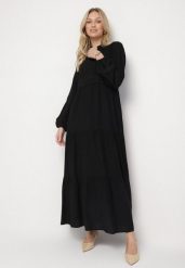 Czarna Wiskozowa Sukienka Boho o Rozkloszowanym Kroju z Gumką i Koronką Gonillea. Czarne sukienki Born2be, na co dzień, l, z aplikacjami, z koronki, boho, bez kołnierzyka, bez ramiączek, maxi, rozkloszowane. W wyprzedaży za 127.49 zł.