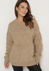 Ciemnobeżowy Sweter o Luźnym Kroju i Wzorzystym Splocie ze Ściągaczami Elondrae. Brązowe swetry Born2be, uniwersalny, bez wzorów, z bawełny, eleganckie, bez ramiączek. W wyprzedaży za 135.99 zł.
