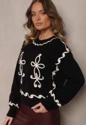 Czarny Sweter z Wiskozą i Geometrycznym Wzorem Senallin. Czarne swetry Renee, uniwersalny, bez wzorów, z jeansu, casualowe, bez ramiączek. W wyprzedaży za 111.99 zł.