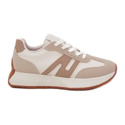 Buty Sportowe Damskie Na Platformie Beżowe beżowy. Brązowe buty treningowe bez wzorów, ze skóry, bez zapięcia. Za 144.40 zł.