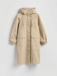 Parka z kapturem - beżowy. Brązowe płaszcze Reserved, l, bez wzorów, z tkaniny, z kapturem. Za 299.99 zł.