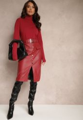 Czerwona Spódnica Ołówkowa High Waist z Imitacji Skóry Ozdobiona Paskiem Norinka. Czerwone spódnice Renee, do pracy, l, z aplikacjami, ze skóry, biznesowe, midi, ołówkowe. W wyprzedaży za 91.99 zł.