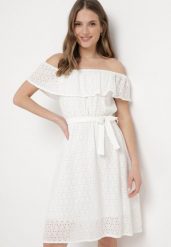 Biała Sukienka Hiszpanka z Ozdobnym Haftem i Paskiem w Talii Perenna. Białe sukienki Born2be, na co dzień, l, bez wzorów, eleganckie, bez kołnierzyka, bez ramiączek, mini, kopertowe. W wyprzedaży za 67.99 zł.