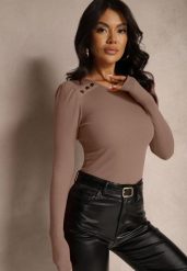 Brązowa Bawełniana Bluzka z Prążkowanego Materiału z Guzikami Simlemi. Brązowe bluzki Renee, l, bez wzorów, z bawełny, eleganckie, bez kołnierzyka, bez ramiączek. W wyprzedaży za 47.99 zł.