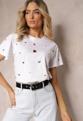 Biały T-shirt z Cyrkoniami w Różnych Kolorach Varcia. Białe t-shirty Renee, m, bez wzorów, z jeansu, eleganckie, bez kołnierzyka, bez ramiączek. W wyprzedaży za 39.99 zł.