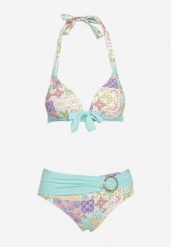 Niebiesko-Beżowe Bikini z Ozdobnym Wzorem i Paskiem z Klamrą na Figach Uptella. Niebieskie bikini Born2be, bez wzorów. Za 99.99 zł.