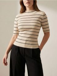 Sweter z krótkim rękawem w paski - beżowy. Brązowe swetry Sinsay, l, bez wzorów, bez ramiączek. Za 35.99 zł.