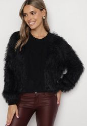 Czarny Sweter z Długim Włosiem i Dodatkiem Wełny Merithina. Czarne swetry Born2be, uniwersalny, bez wzorów, z dzianiny, eleganckie, bez ramiączek. Za 69.99 zł.