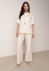 Beżowy Garniturowy Komplet Marynarka na Krótki Rękaw i Szerokie Spodnie Amalilia. Brązowe marynarki i żakiety Born2be, s, bez wzorów, z szyfonu, biznesowe, bez ramiączek. Za 229.99 zł.