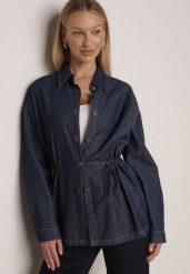 Granatowa Bawełniana Koszula ze Ściagaczami w Pasie Lennada. Niebieskie koszule Born2be, l, bez wzorów, z bawełny, biznesowe, bez kołnierzyka, bez ramiączek. Za 139.99 zł.