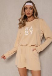 Beżowy Komplet Dresowy 2-Częściowy Bluza Krótsza i Luźne Spodenki Szorty Frania. Brązowe bluzy Renee, m, bez wzorów, z dresówki, bez ramiączek, bez kaptura. W wyprzedaży za 43.99 zł.