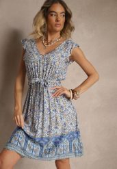 Niebieska Rozkloszowana Sukienka z Wiskozy z Wiązanym Paskiem Sepelise. Niebieskie sukienki Renee, na spacer, m, bez wzorów, z wiskozy, eleganckie, bez kołnierzyka, bez ramiączek, mini, rozkloszowane. W wyprzedaży za 39.99 zł.
