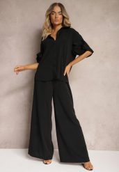 Czarny Komplet Szerokie Spodnie i Koszula z Falbanami Rivathins. Czarne koszule Renee, l, bez wzorów, eleganckie, bez kołnierzyka, bez ramiączek. W wyprzedaży za 175.99 zł.