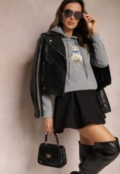 Szara Ocieplana Bluza z Ozdobnym Nadrukiem i Kapturem Hitee. Szare bluzy Renee, l, z aplikacjami, z dzianiny, z kapturem. W wyprzedaży za 71.99 zł.