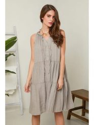 Rodier Lin Lniana sukienka w kolorze szarobrązowym rozmiar: XL/XXL. Brązowe sukienki Rodier Lin, xl, bez wzorów, ze lnu, bez kołnierzyka, bez ramiączek, midi. Za 154.07 zł.