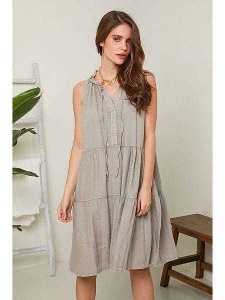 Rodier Lin Lniana sukienka w kolorze szarobrązowym rozmiar: XL/XXL. Brązowe sukienki Rodier Lin, xl, bez wzorów, ze lnu, bez kołnierzyka, bez ramiączek, midi. Za 154.07 zł.