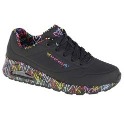 Buty do chodzenia damskie, Skechers Uno-Loving Love. Czarne buty treningowe Skechers, bez wzorów, z materiału, przed kostkę, bez zapięcia, trekkingowe. Za 349.99 zł.