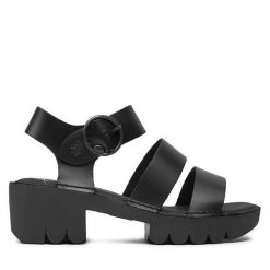 Sandały Fly London. Czarne sandały Fly London, bez wzorów, bez obcasa, na słupku, bez zapięcia. Za 459.99 zł.