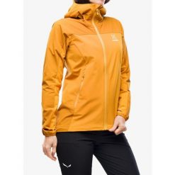 Kurtka softshell damska Haglofs Moran Softshell Hood. Żółte kurtki przejściowe sportowe Haglöfs, bez wzorów, z softshellu, bez kaptura, trekkingowe. Za 596.99 zł.