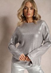 Srebrny Metaliczny Sweter z Długim Rękawem Vivalei. Szare swetry Renee, m, bez wzorów, z dzianiny, casualowe, bez ramiączek. W wyprzedaży za 111.99 zł.