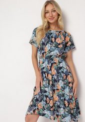 Granatowo-Niebieska Bawełniana Sukienka z Motywem Kwiatowym o Lekko Rozkloszowanym Fasonie Dimivias. Niebieskie sukienki Born2be, na co dzień, l, bez wzorów, z bawełny, eleganckie, bez kołnierzyka, bez ramiączek, mini, proste. Za 59.99 zł.