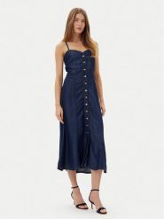 Guess Sukienka jeansowa W5GK43 D5N61 Granatowy Regular Fit. Niebieskie sukienki Guess, l, z aplikacjami, z jeansu, bez kołnierzyka, bez ramiączek. Za 419.99 zł.