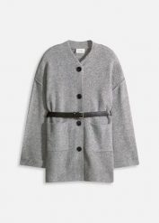 Krótki płaszcz dzianinowy z paskiem. Szare płaszcze bonprix, bez wzorów, z dzianiny, bez kaptura. Za 189.99 zł.